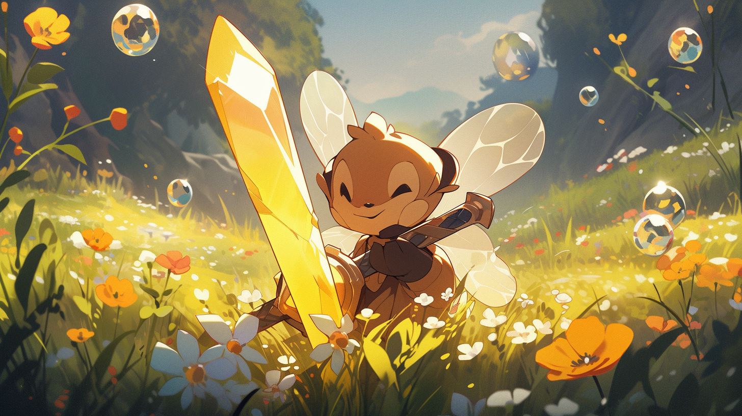 Honey bee holding a glowing sword and shield