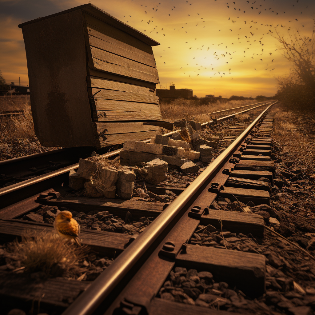 Image of beehive, quail, and boxcar on railroad