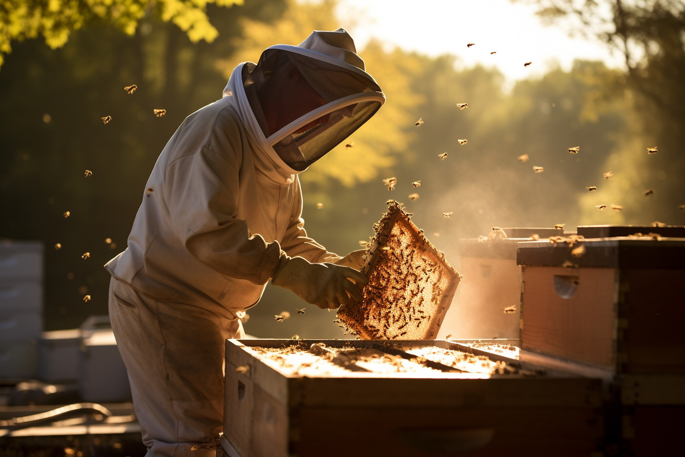 Beekeeper tending to bees in apiary