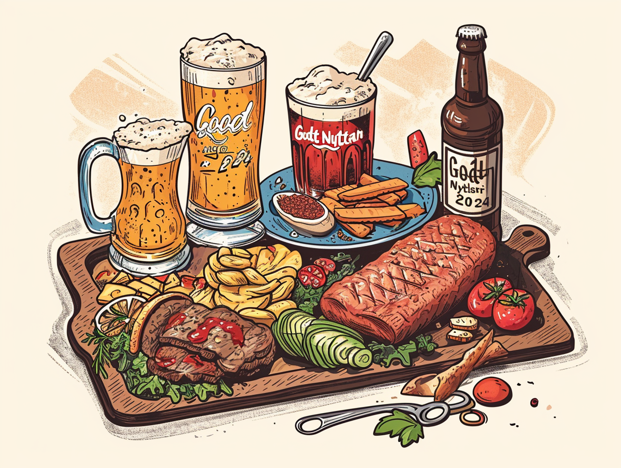 Illustration of beer and food for New Year's celebration