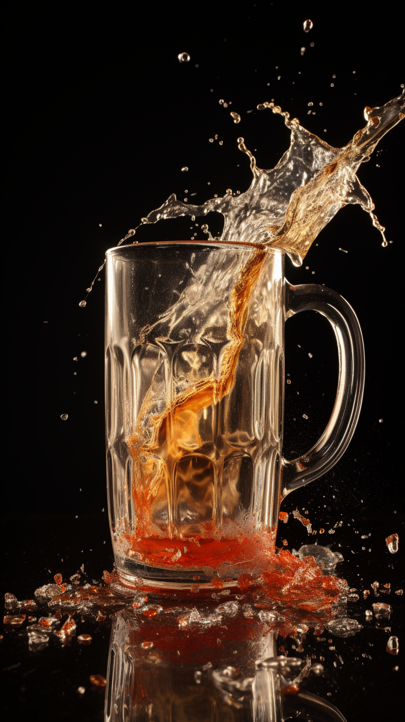 shattered beer mug with broken glass