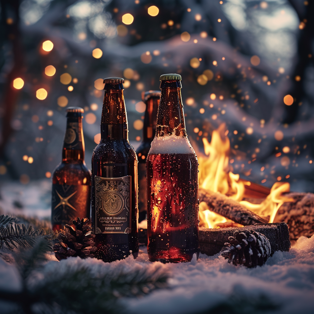 Beer and Wine Bottles Bonfire Winter Forest