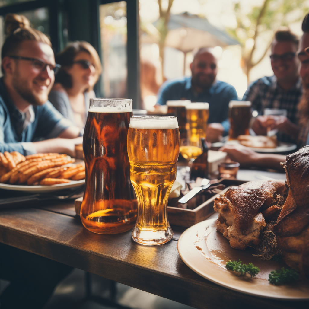 Happy people at a table with a beer mug