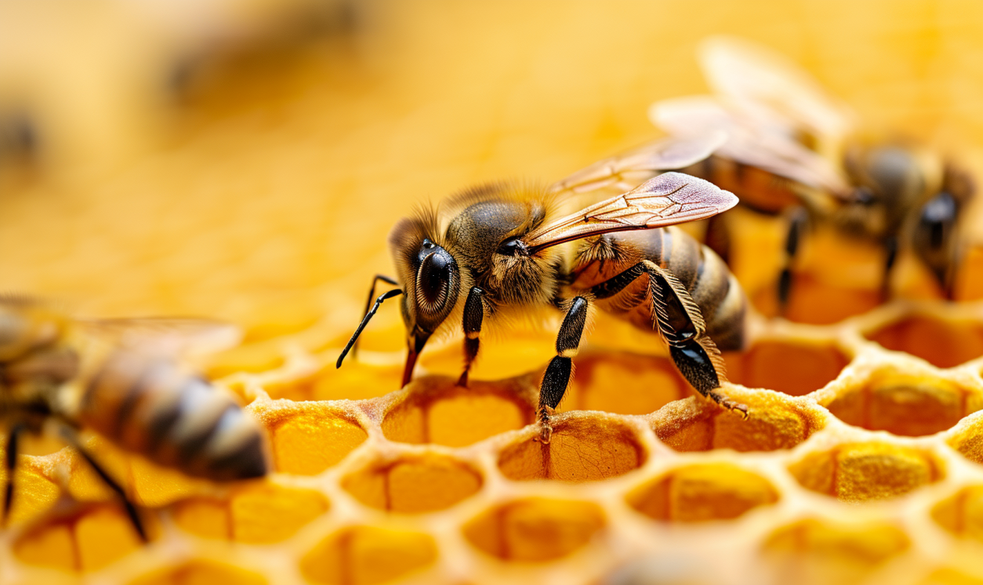 Bees on honeycomb bright background