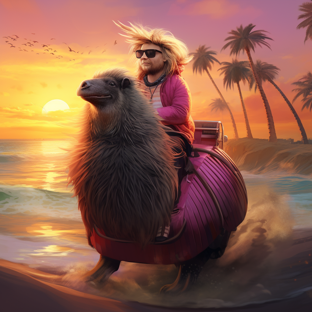 Beetlejuice riding a capybara on a beach