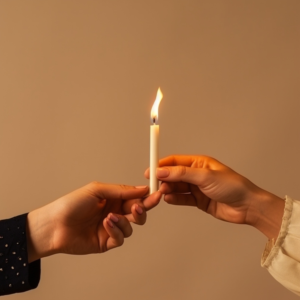 Hands holding candle and burning match