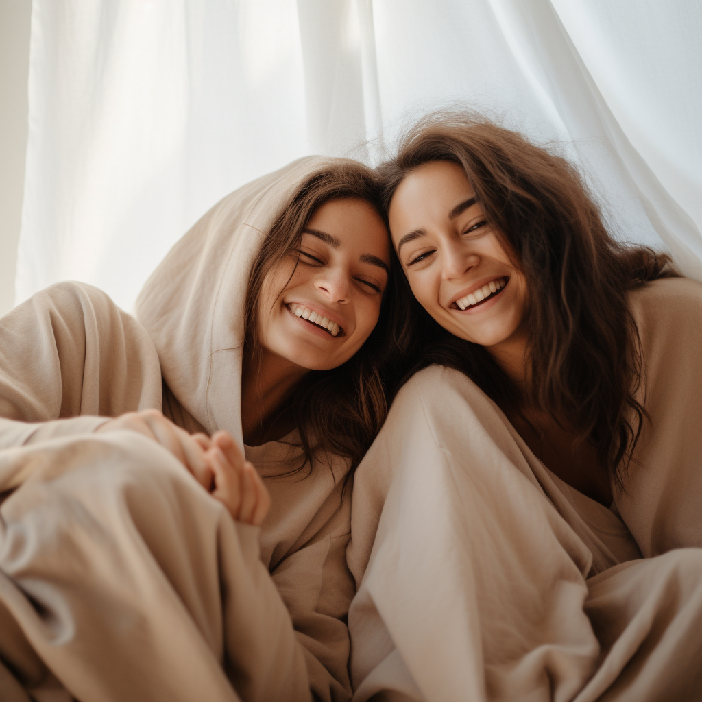 Two women laughing in beige blanket hoodie