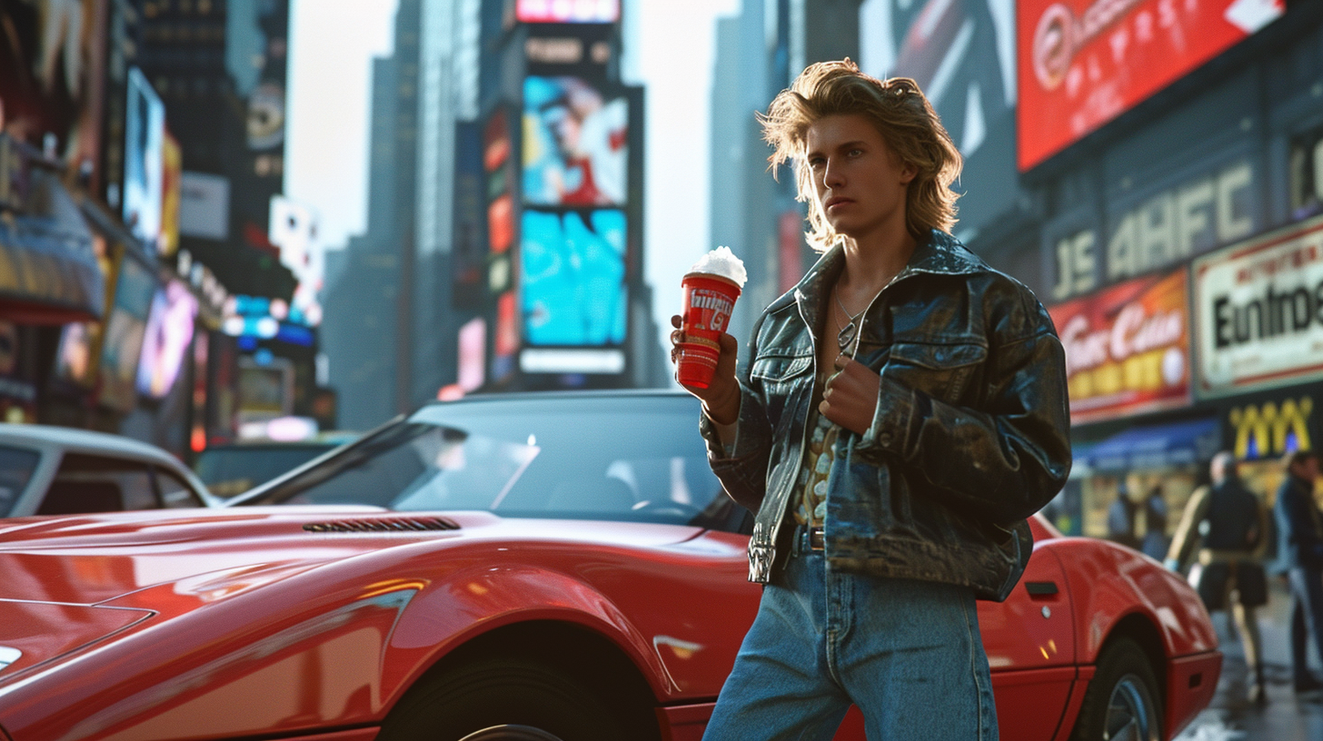 Beige Blonde Male Model Holding Snow Cone in Times Square