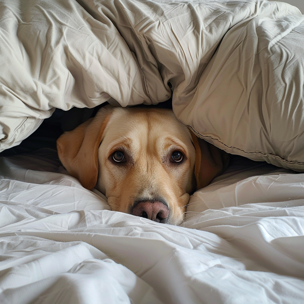 Cute beige labrador under bed