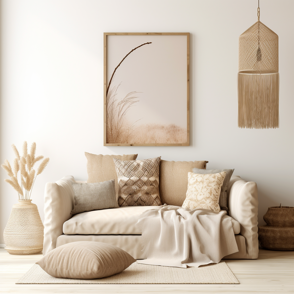 Close up of beige neutral boho decor room