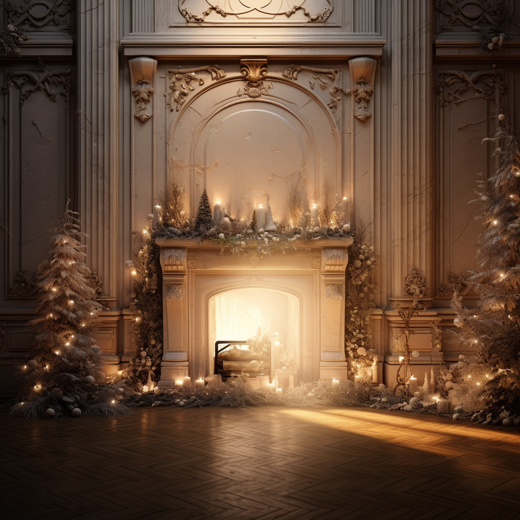 Beige wallpaper fireplace with Christmas branches