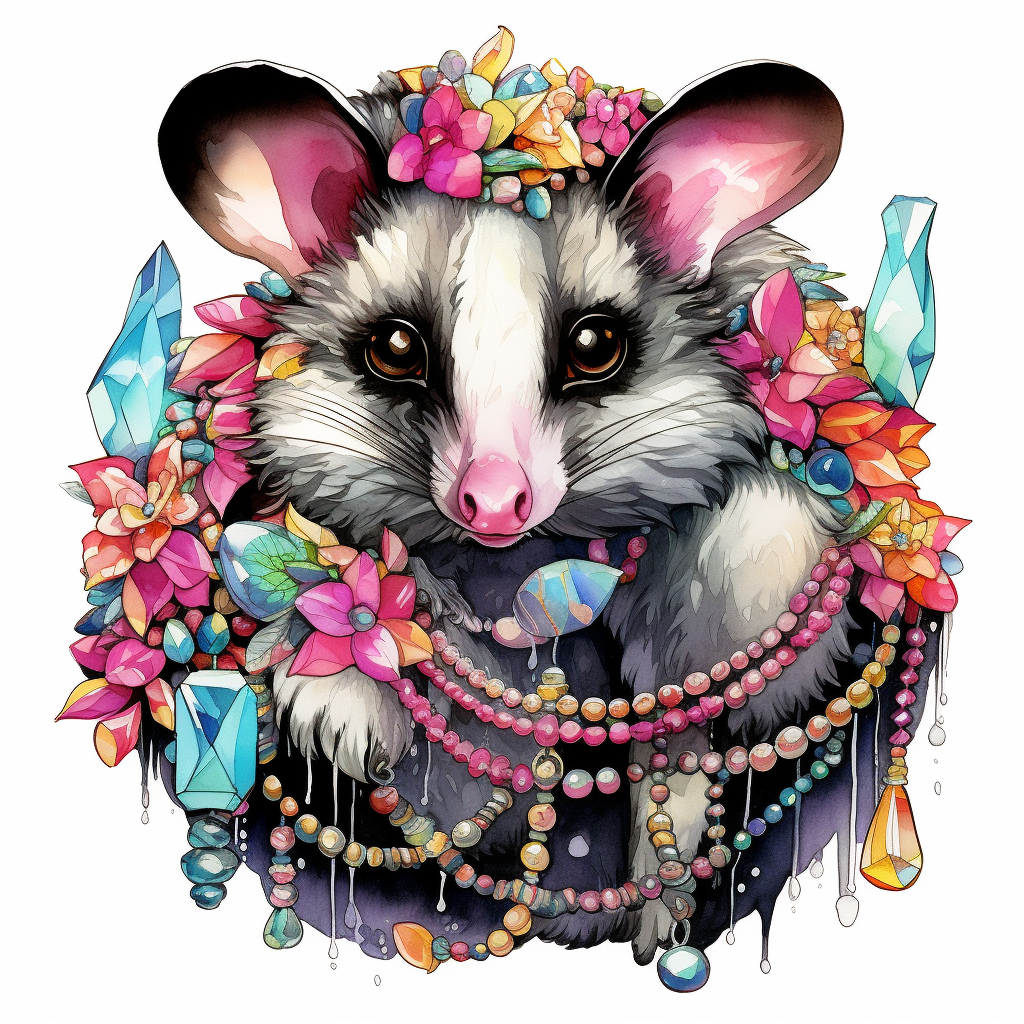 Colorful bejeweled opossum coloring page