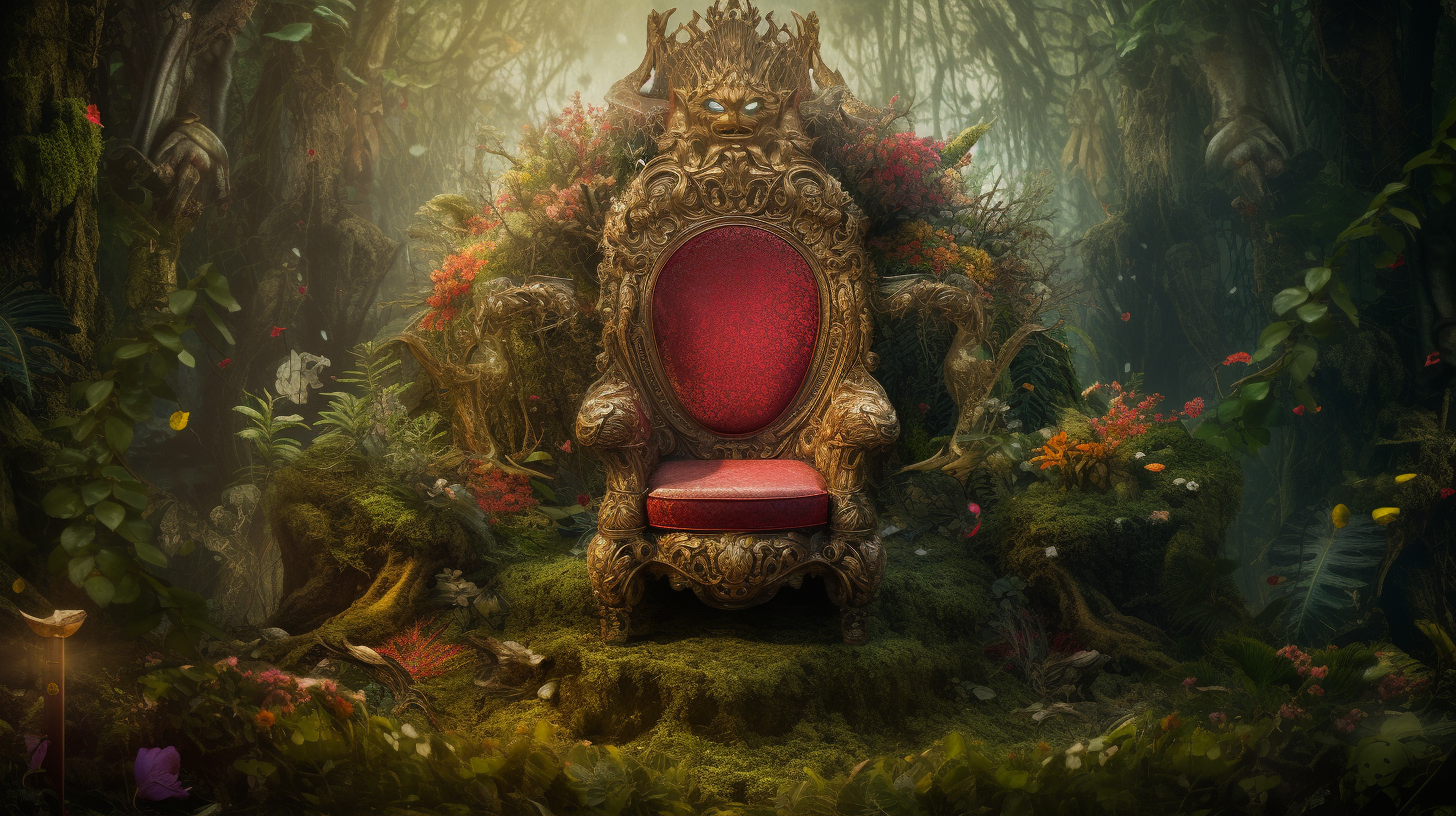 Ornate Bejewelled King's Throne in the Lush Forest