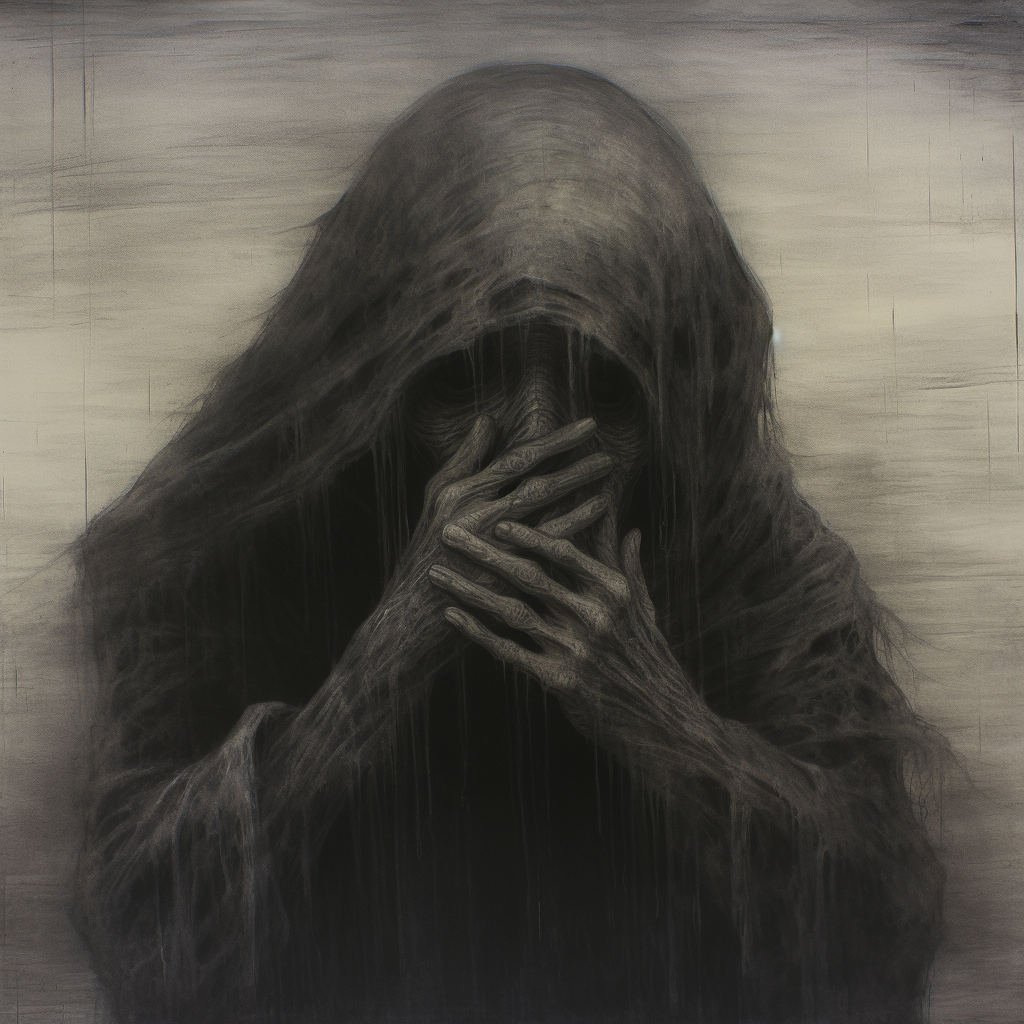 Beksinski face showing fear in black and white