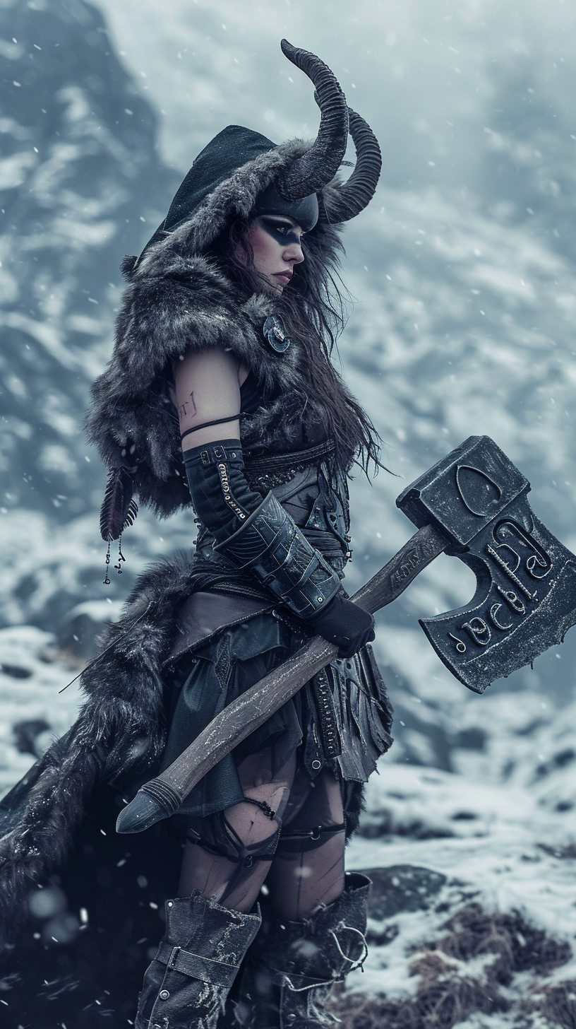 Powerful tall woman with dark metal decorative axe