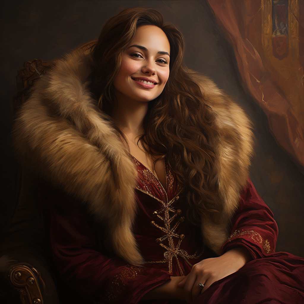 Woman in Burgundy Gold Fur Smiling