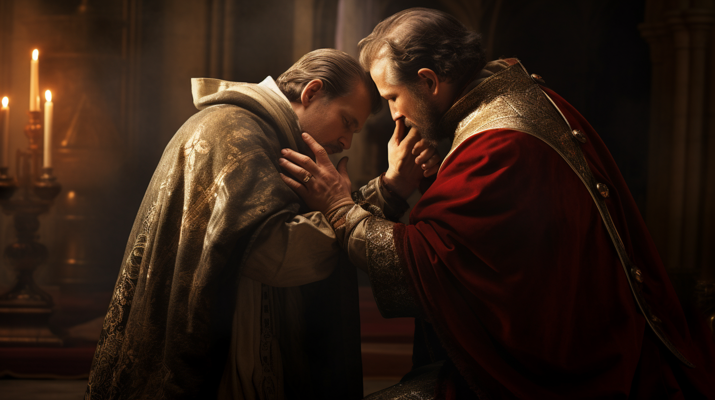 Male believer kissing bishop's ring in church