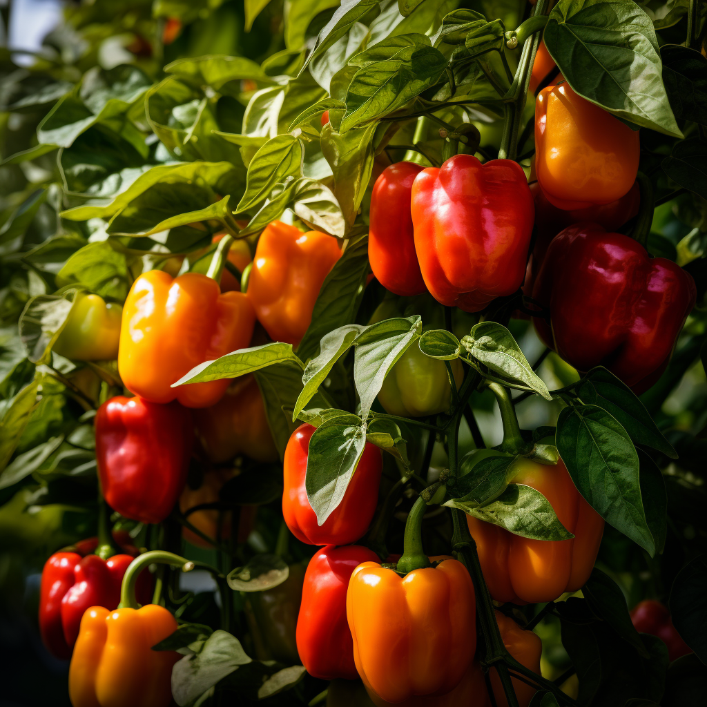 Beautiful bell pepper bush in garden