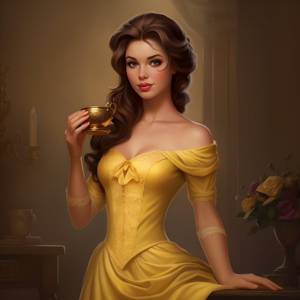 Belle holding a teacup