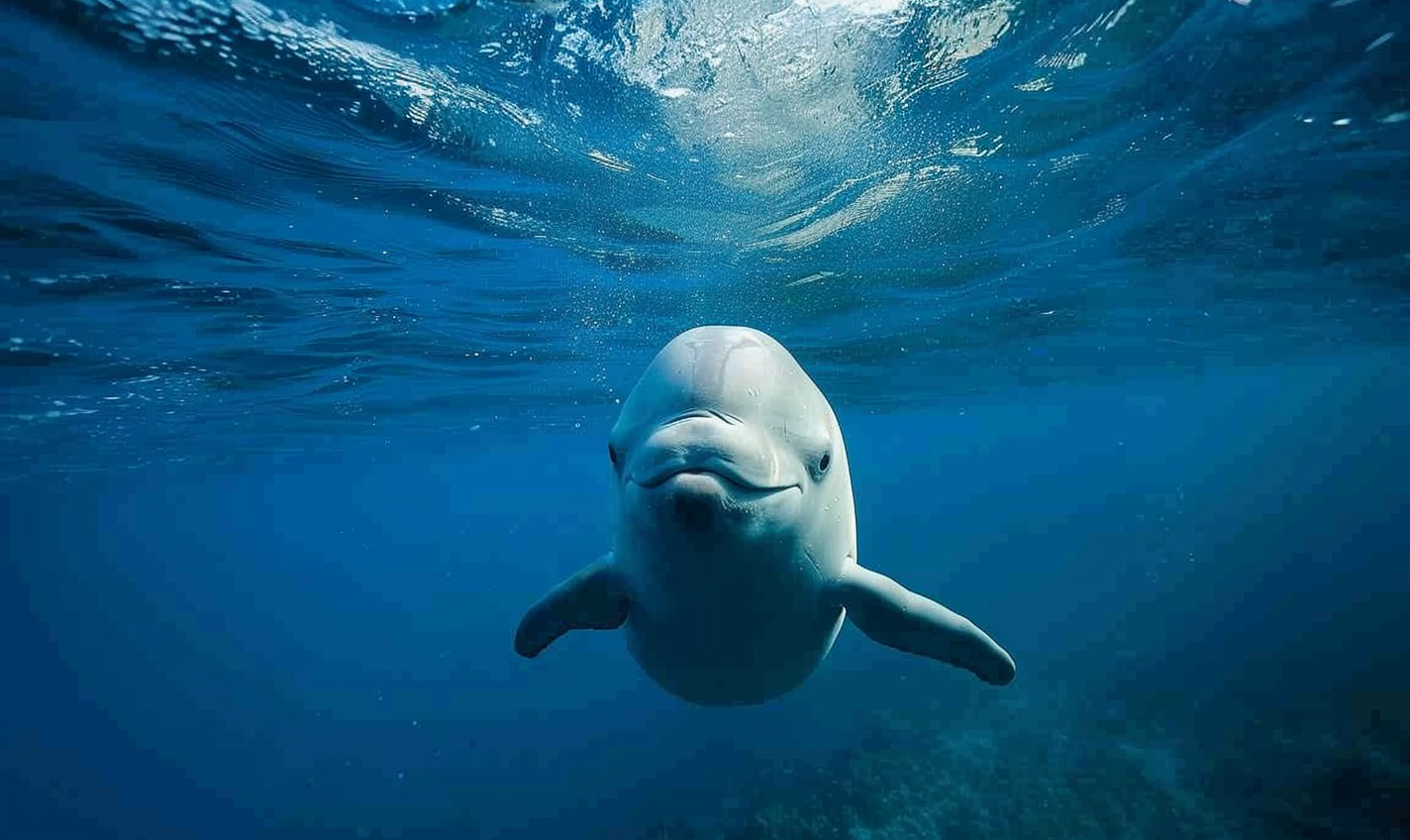 Beluga in blue water