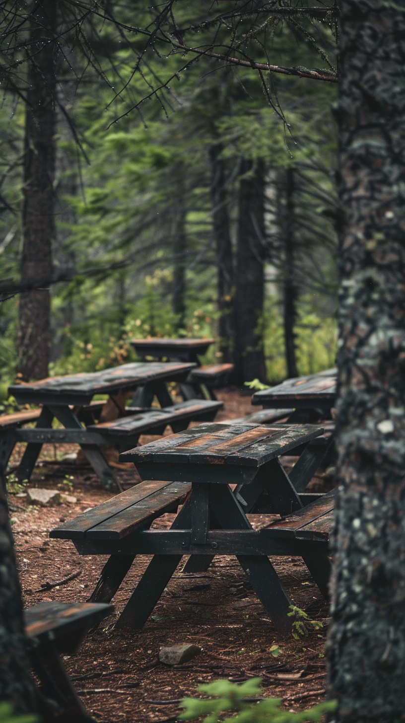 Benches in wilderness with trees