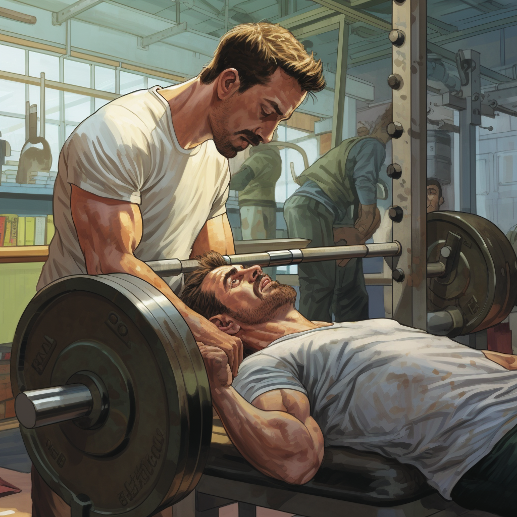 Guy bench presses with spotter