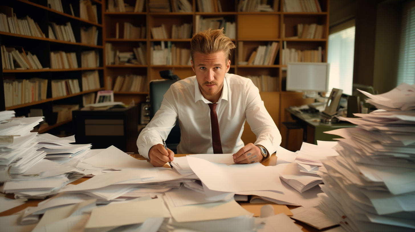 Nicklas Bendtner reading in office with paper piles