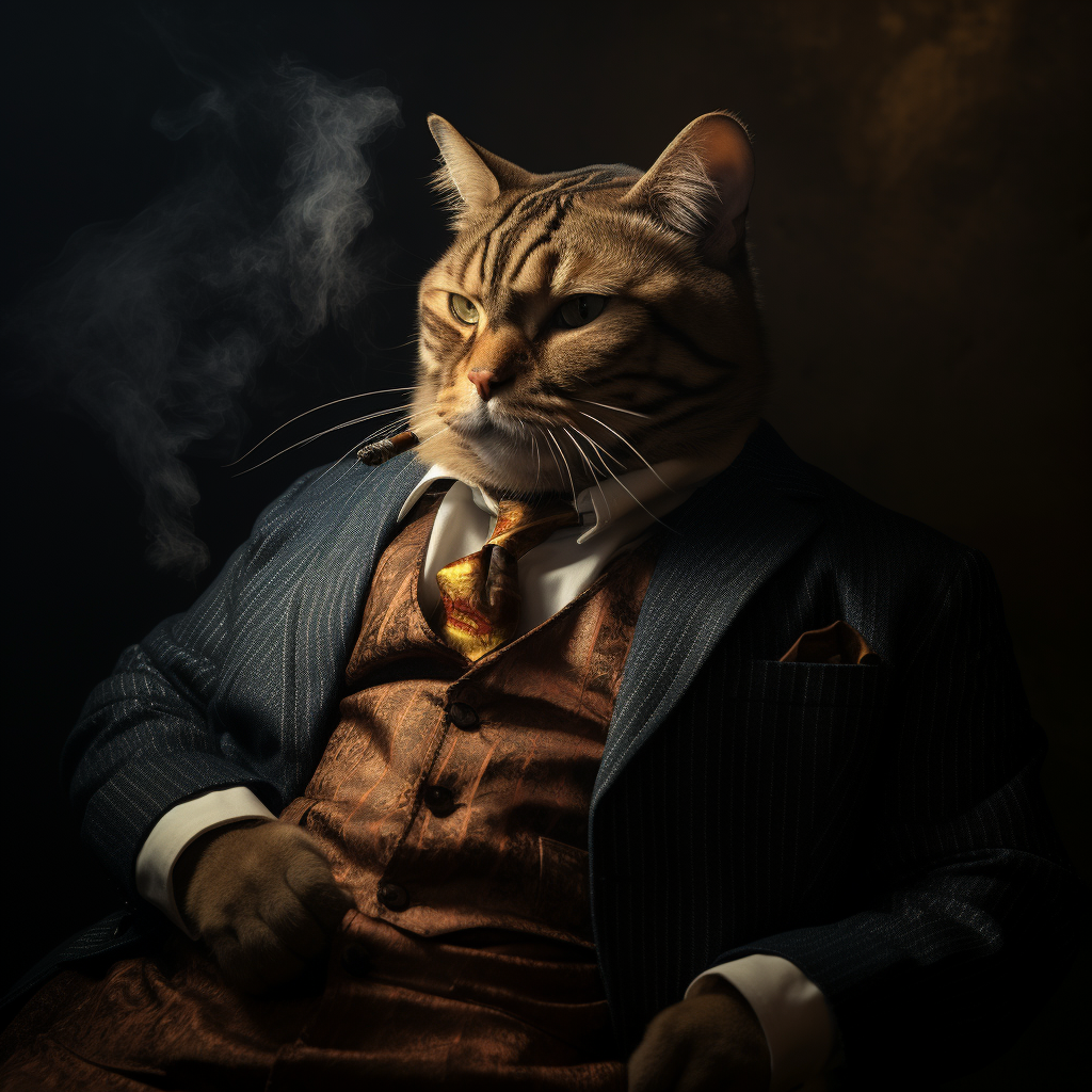 Bengal cat smoking cigar in low lighting