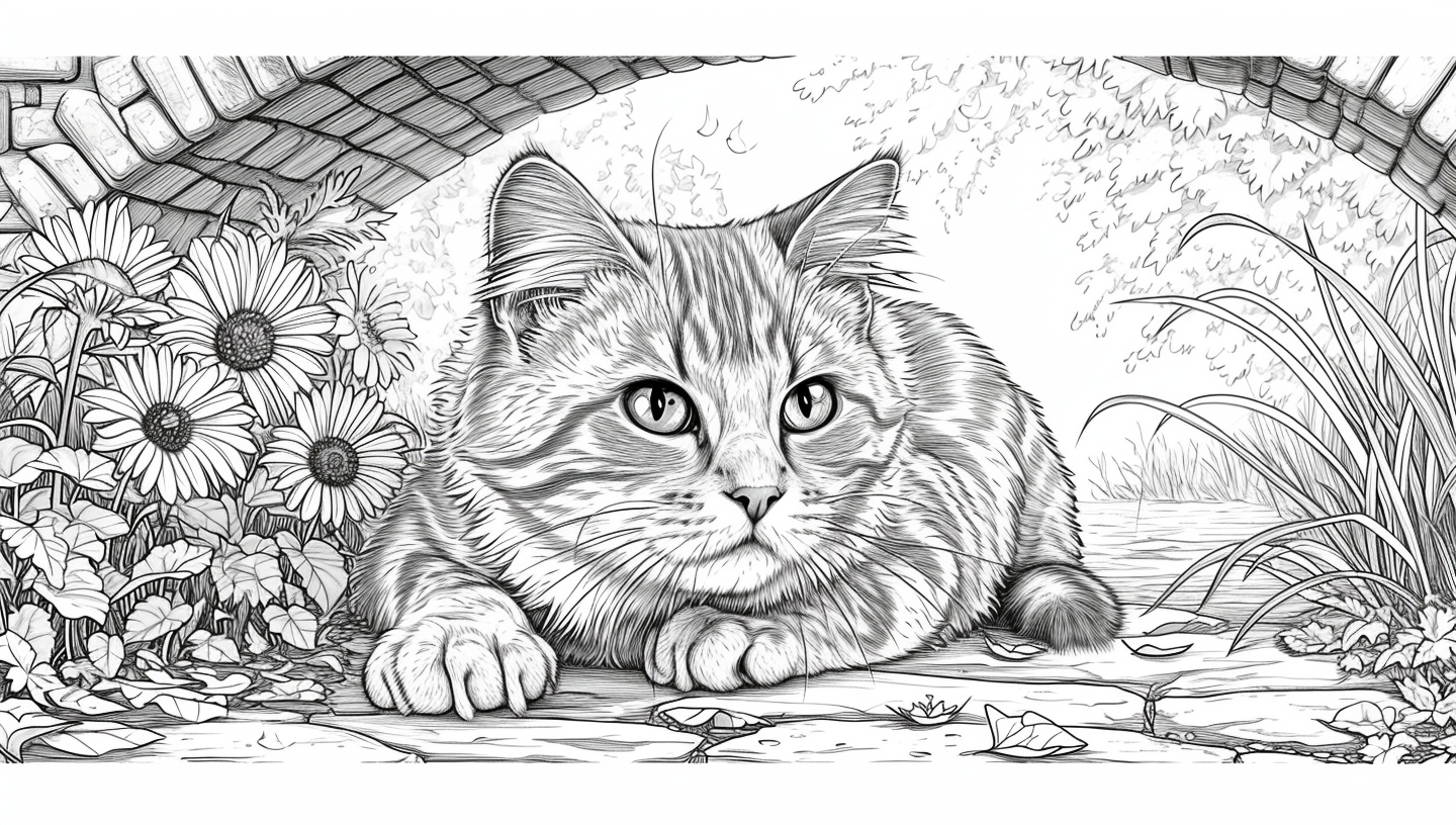 Black and white cartoon style Bengal cat coloring page