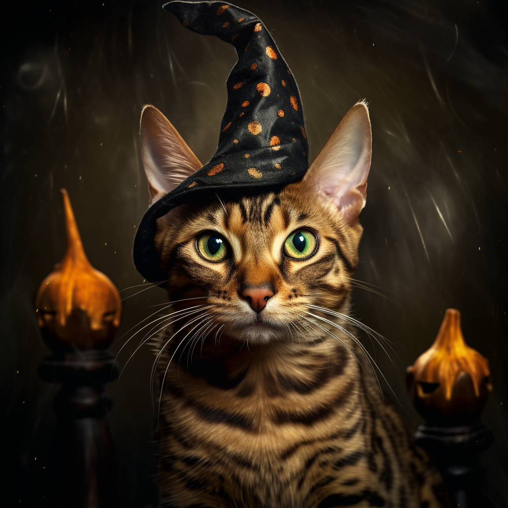 Adorable Bengal Cat wearing Witch Hat