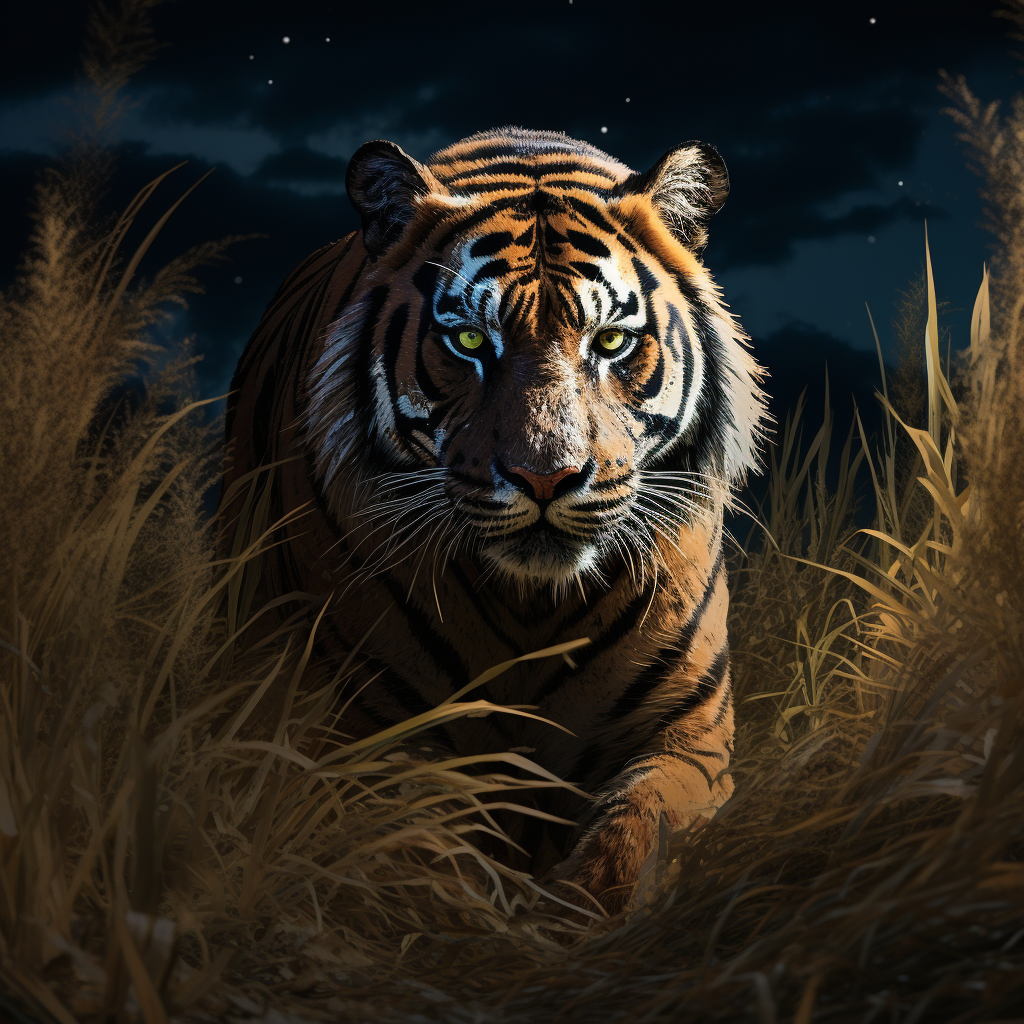 Bengal tiger prowling through moonlit grass