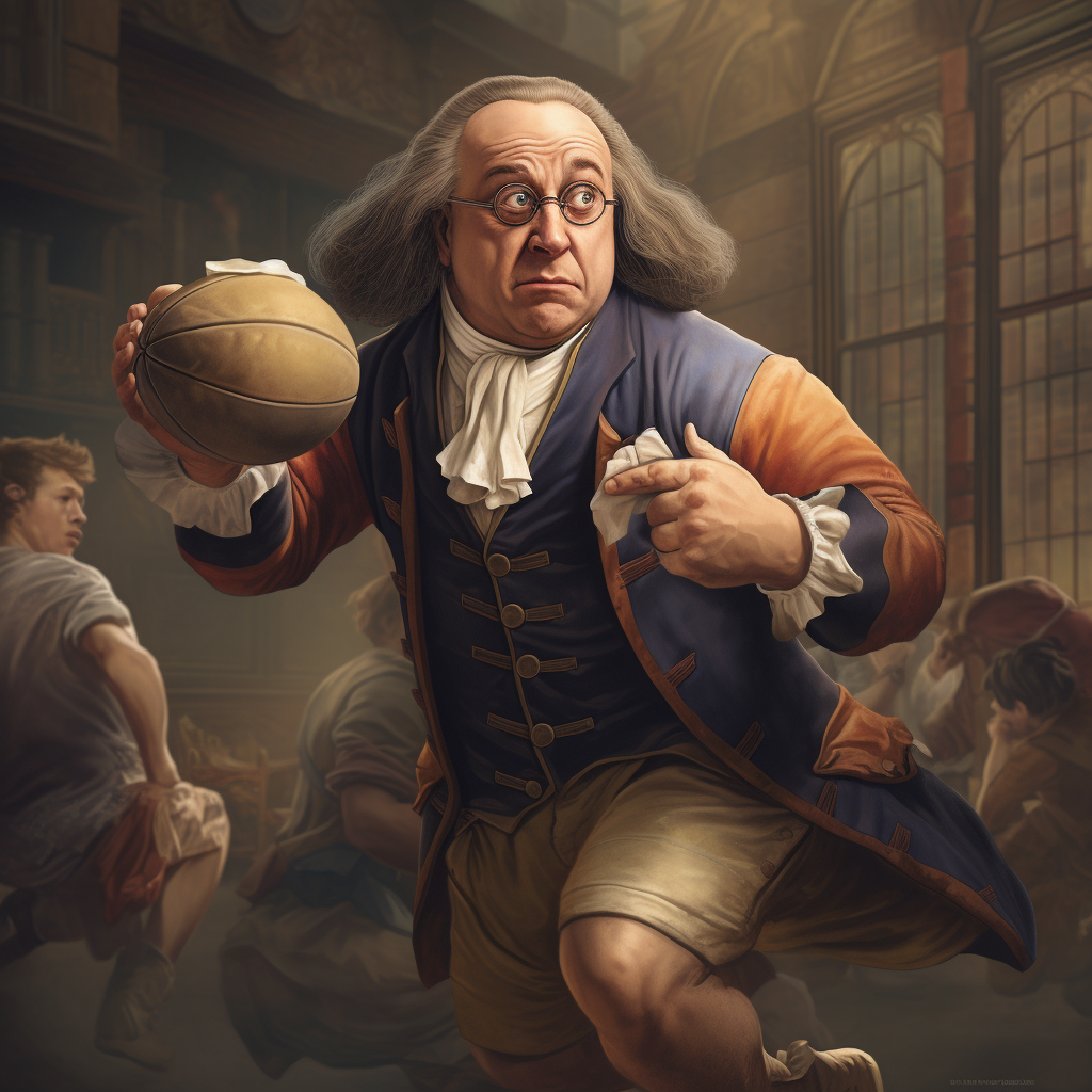 Benjamin Franklin playing rugby against British