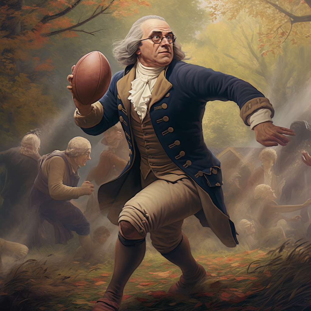 Benjamin Franklin playing rugby against the British