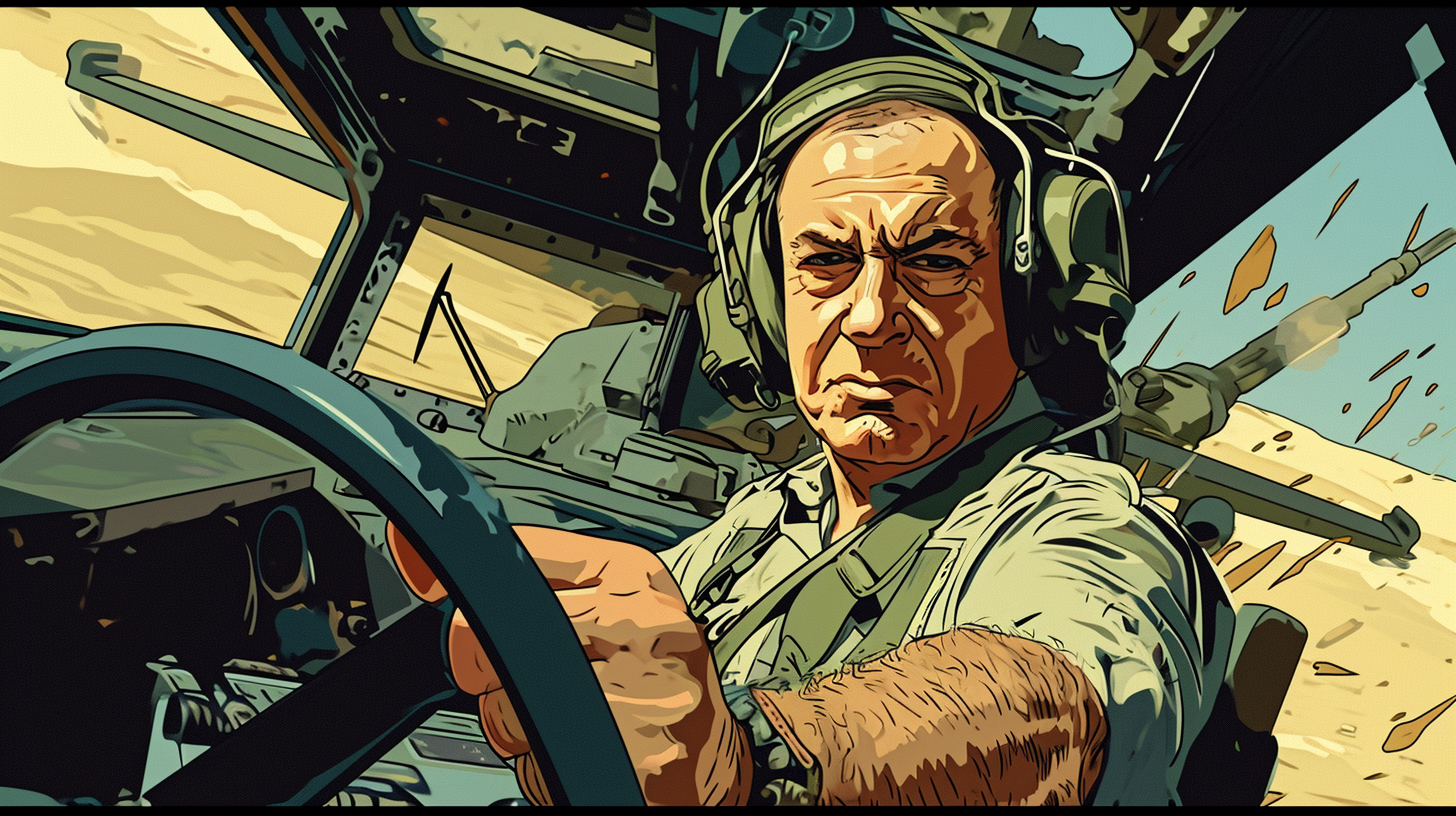 Cartoon tank commander Benjamin Netanyahu