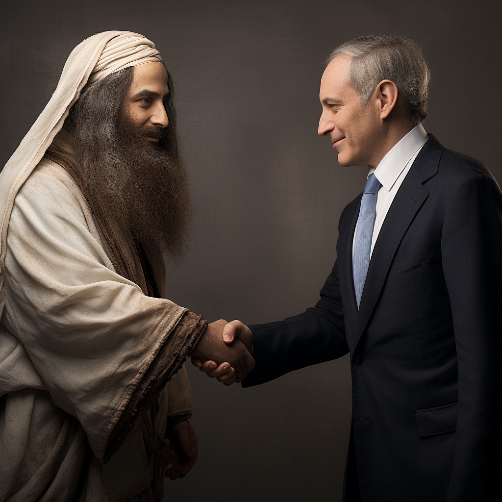 Benjamin Netanyahu shaking hands with Jesus Christ