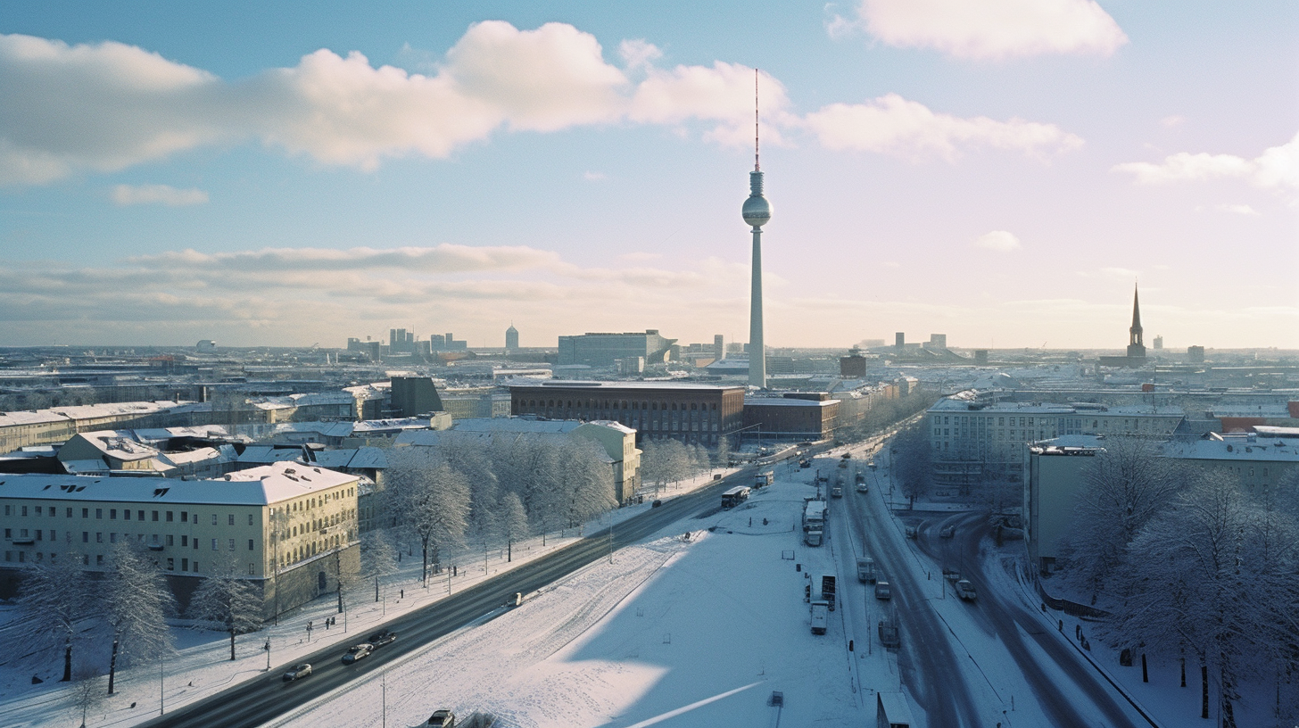 Snow-covered Berlin city skyline during winter