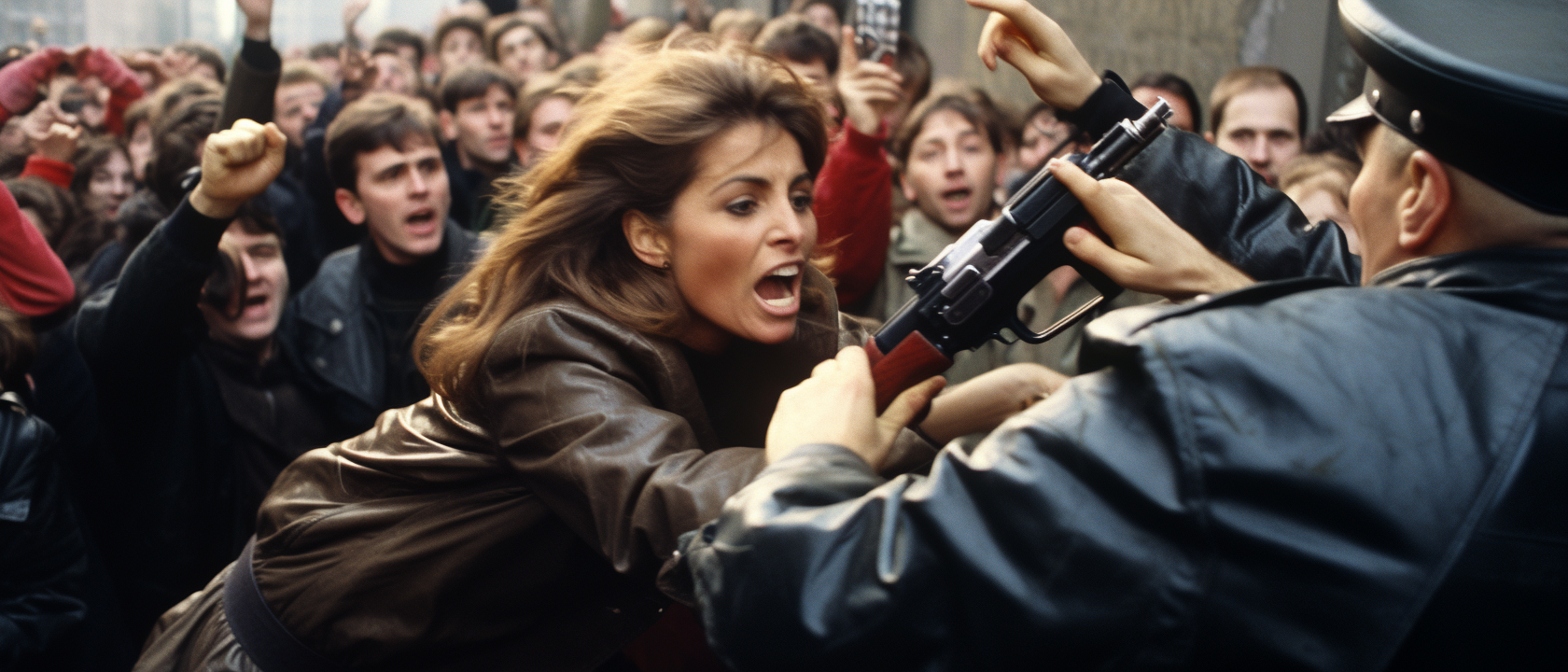 Laura Branigan pointing Makarov Pistol