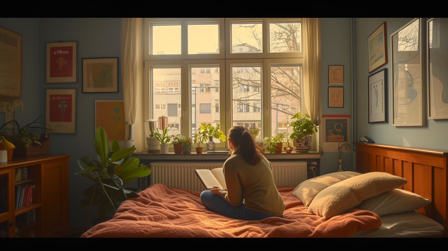 Woman reading book in Berlin bedroom