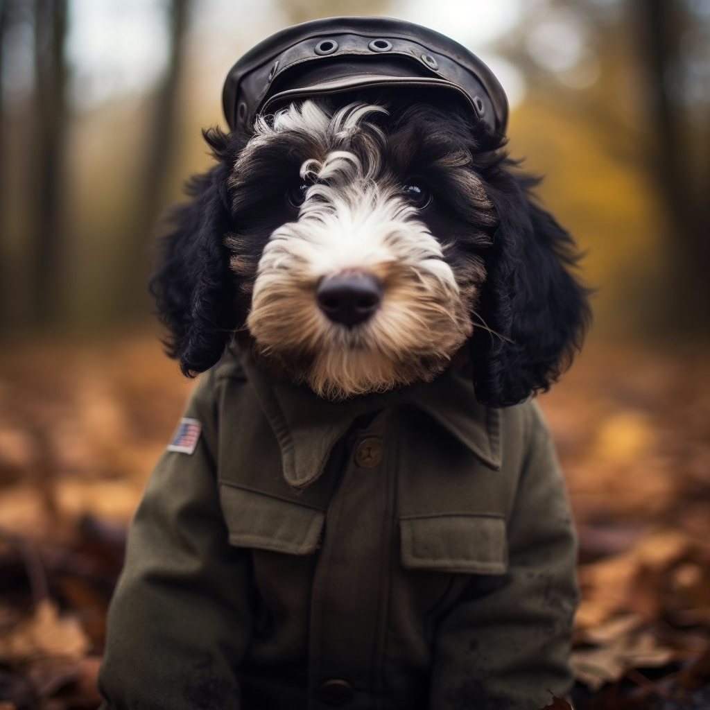 Bernedoodle Puppy in Soldier Uniform