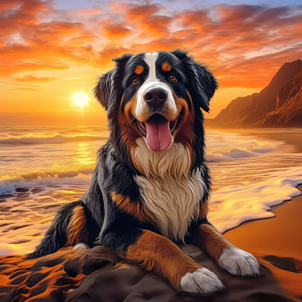 Bernese Mountain Dog on Beach at Sunset