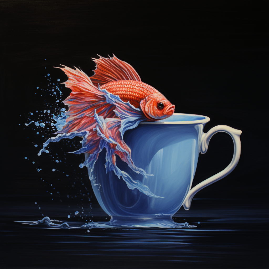 Colorful beta fish swimming in a mug