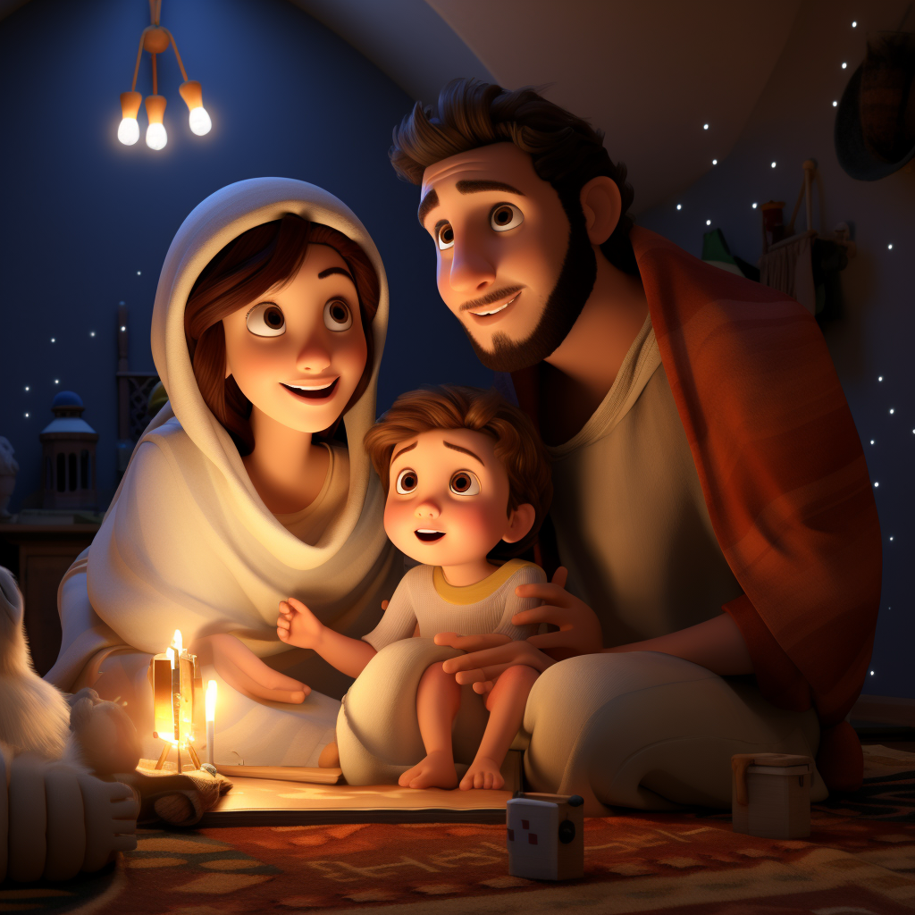 Cartoon 3D image of Bethlehem portal with Maria, Joseph, and video camera