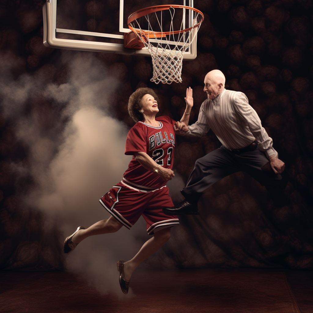 Betty White dunking basketball on Michael Jordan