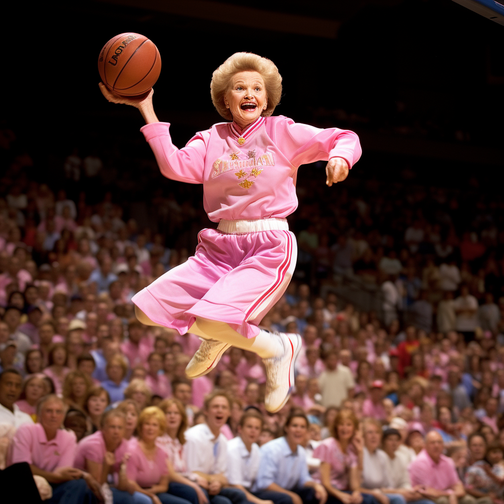 Betty White slam dunking in basketball game