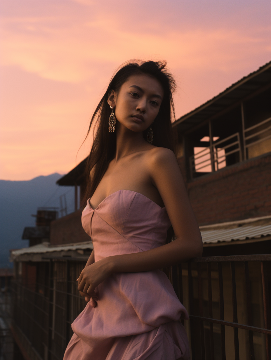 Young woman in pink dress on rooftop at dusk