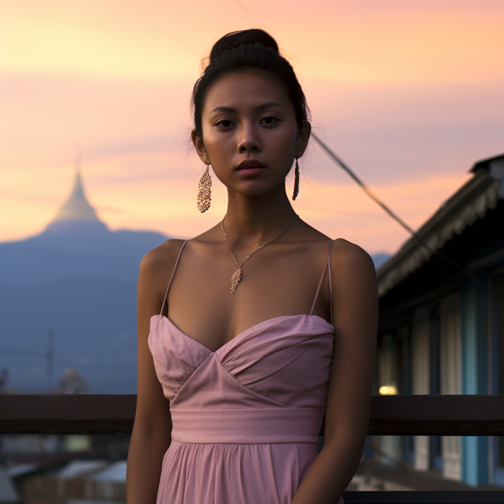 Young Bhutanese woman in pink dress on rooftop at twilight