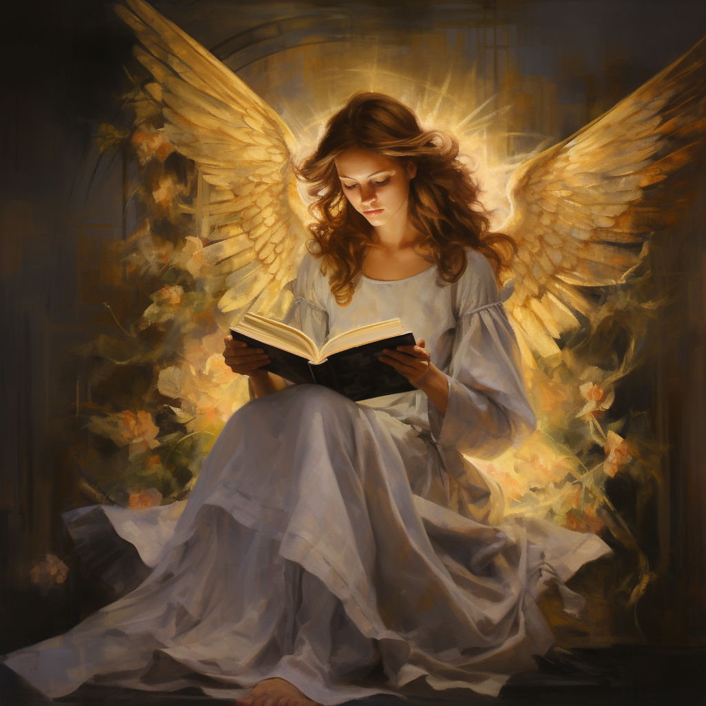 Ethereal angel depicted in biblical oil painting