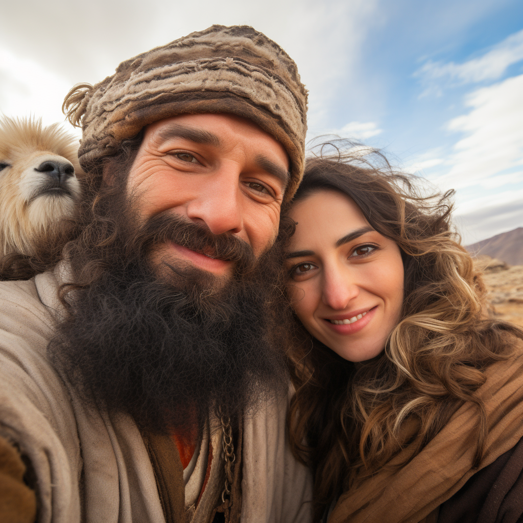 Abraham and Sarah taking a selfie with sheep