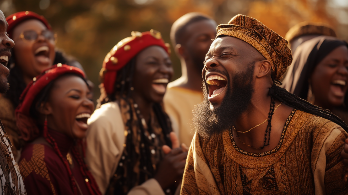 African American men women laughing in biblical garments