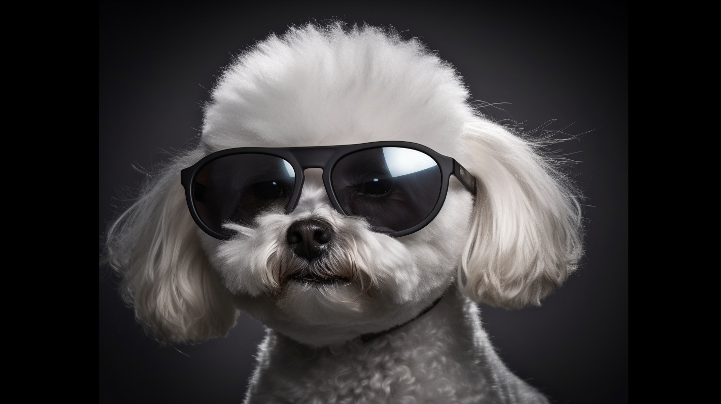 Bichon Bolognese with black sunglasses and H-harness